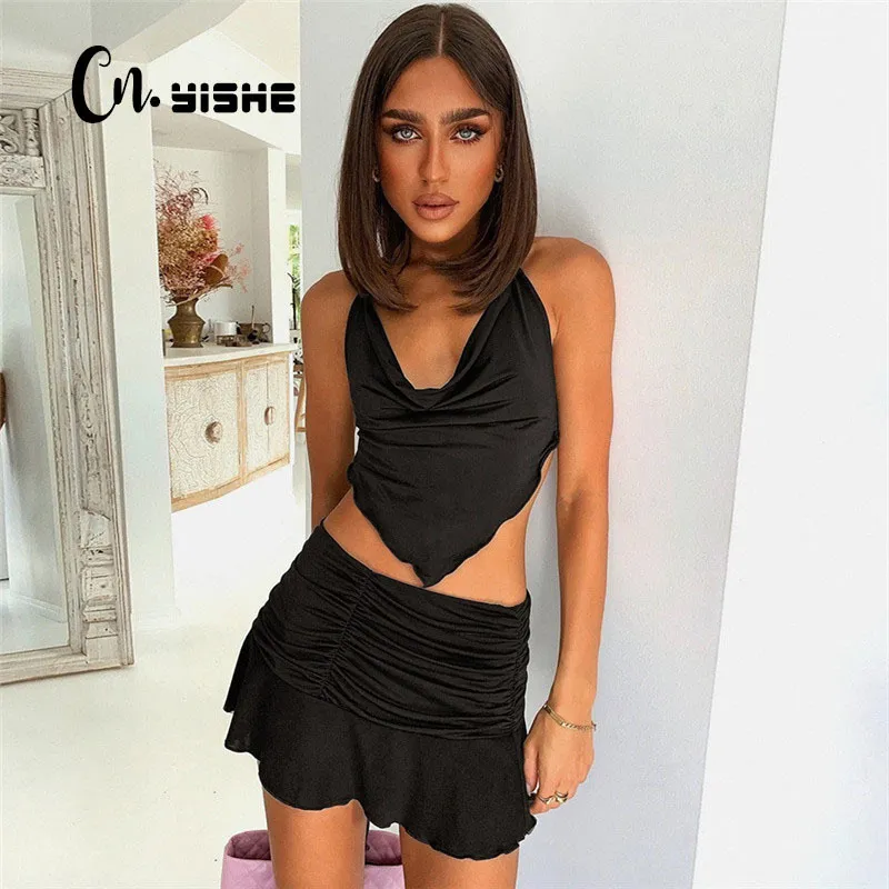 CNYISHE Sexy Two Piece Set Suit Women Sleeveless Camisole+Mini Skirts Matching Sets Casual Summer Skirt Suits Female Tracksuit 210419