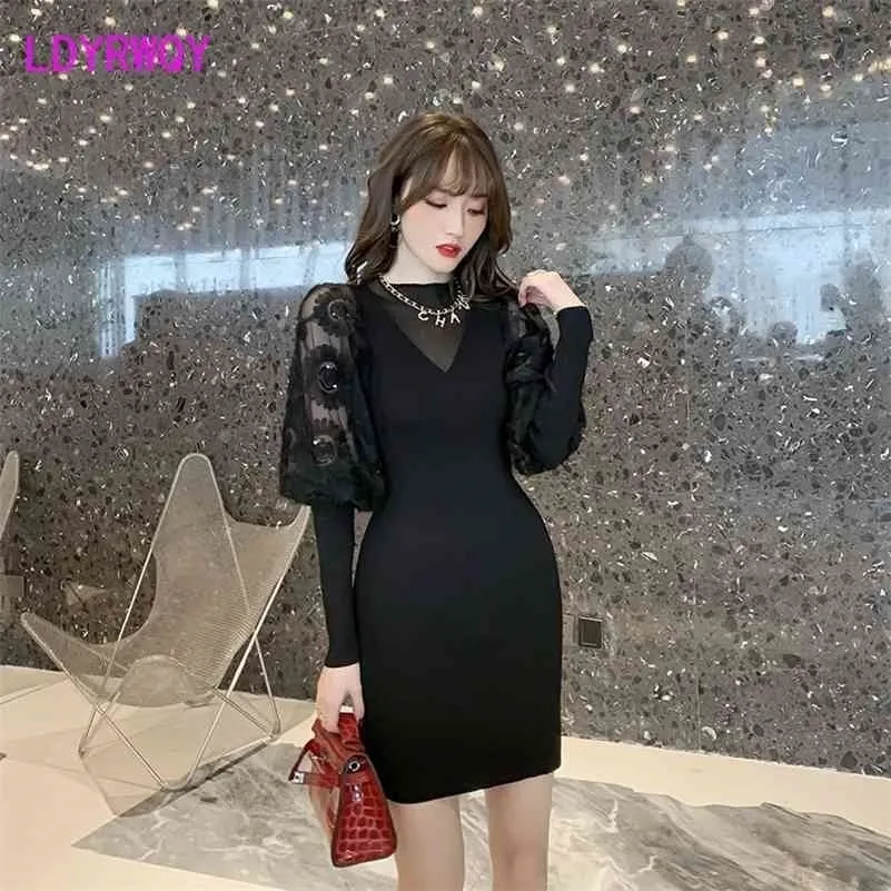 Japanese women's autumn winter long sleeve stitching slim knit dress knitting Cotton Polyester 210416