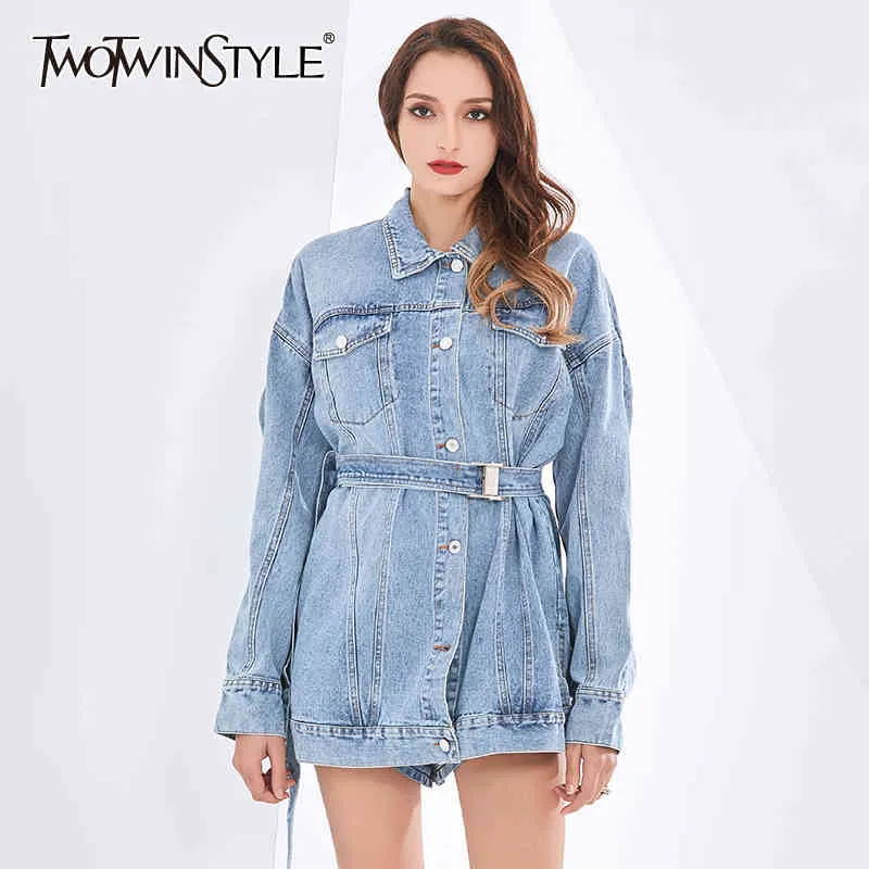 Bleu Manteaux Femme Revers À Manches Longues Denim Patchwork Taille Haute Évider Dos Nu Vestes Femmes Mode 210524