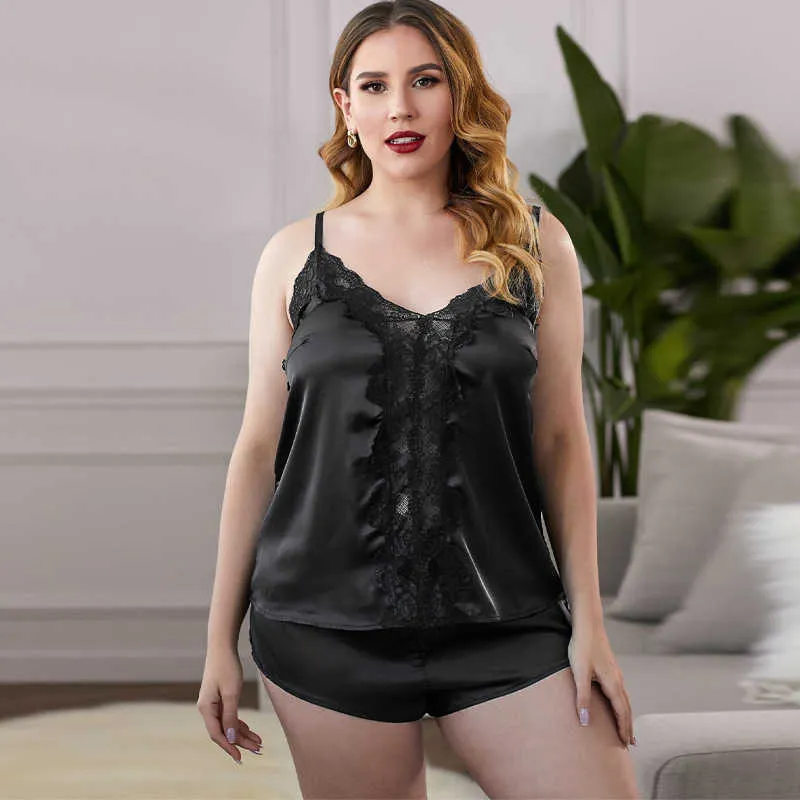 Plus Size Damskie Seksowne 2 Sztuka Jedwabna Piżama Zestaw Bez Rękawów Piżamas Spodenki Sleep Set Koronki Pijama Garnitur Pleasweear dla kobiet Nighties Q0706