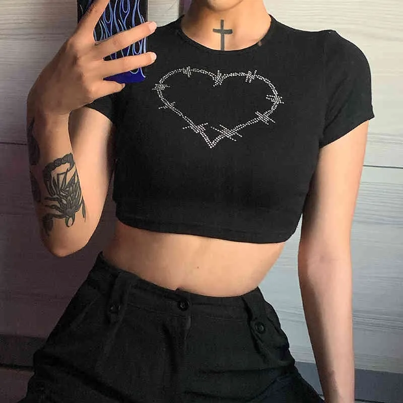 Herz Diamant Muster Y2K Crop Tops Damen T-Shirts Neuer Hit Sommer Kawaii Rot Ästhetisch O-Ausschnitt Kurzarm Schwarz T-Shirt 210415