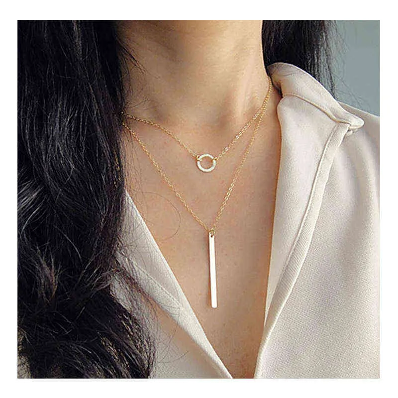 Double-Fayered Necklace Choker Women Round Necklace Pendant Strip Gold Color Collares Fashion Girl Party Alloy Jewelry G1206