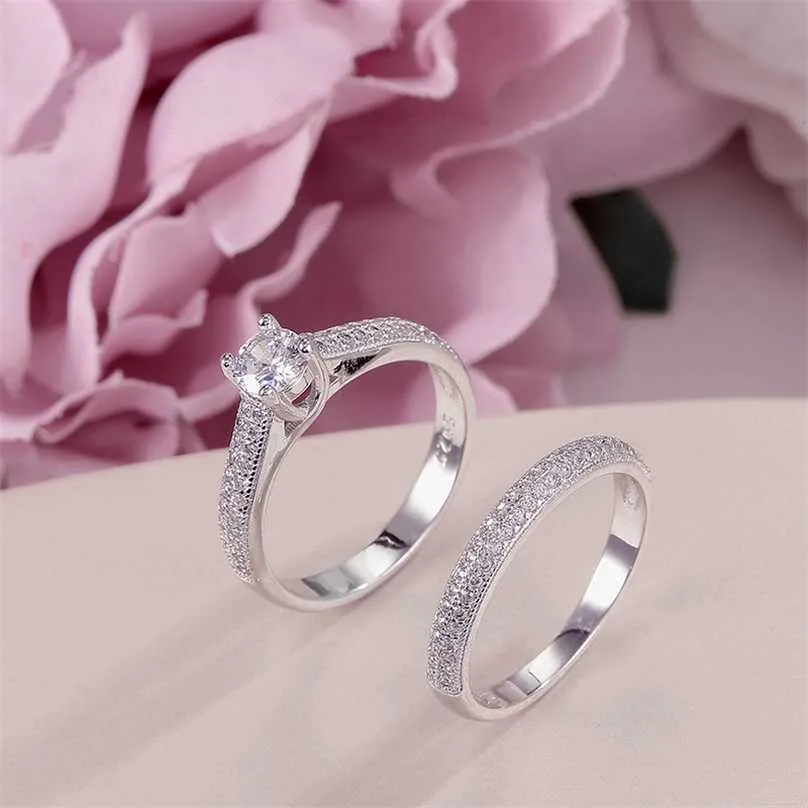 100% Real 925 Silver Rings For Women Simple Double Stackable Fine Jewelry Bridal Sets Ring Wedding Engagement Accessory 211217