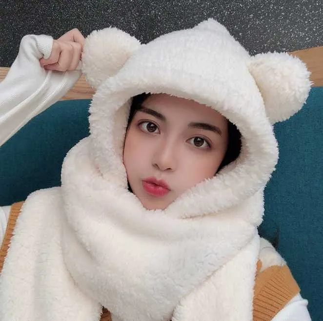 Liten björn hatt halsduk höst vinter kvinnlig handskar en tecknad söt varm plysch flicka mode vit