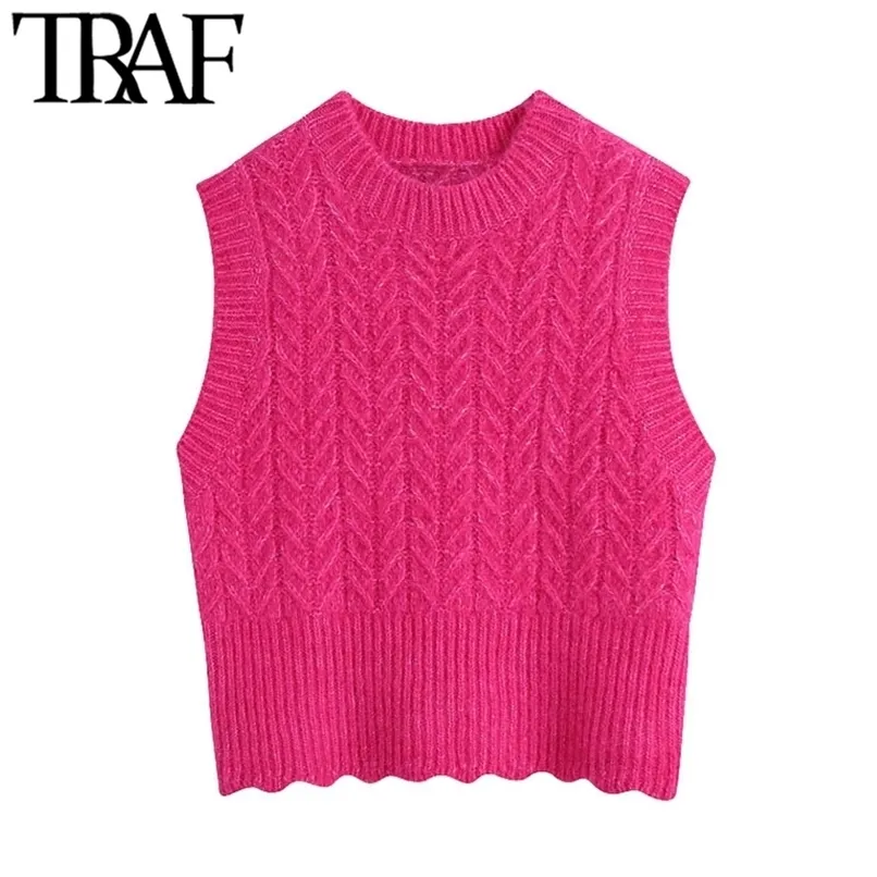 TRAF Mulheres Moda Cropped Cable-Knit Colete Sweater Vintage O Neck Sem Mangas Femininas Colete Feminino Chique Tops 210819
