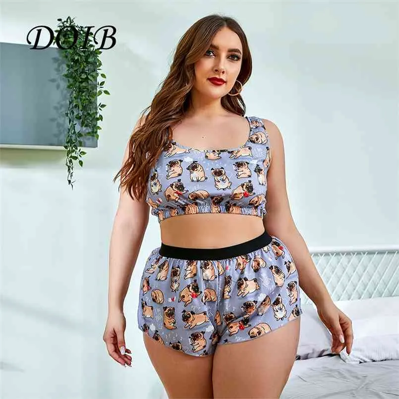 Doib Mulheres Sexy Pijamas Set Plus Size Spaghetti Strap Cópia dos desenhos animados Sleepwear 2 peças Homewear Tops curtos + Calças Nightwear 210809