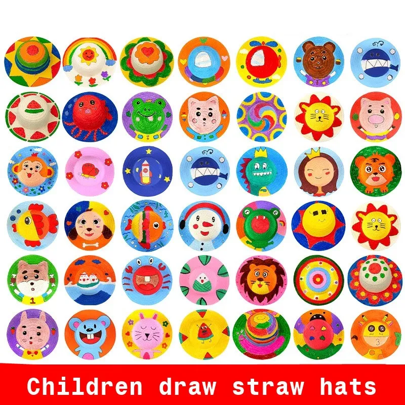 Słomiane kapelusze dla dzieci ręcznie tkane składane słońce kapelusz lato podróży sunscreen malowanie kolor graffiti mieszana partia.