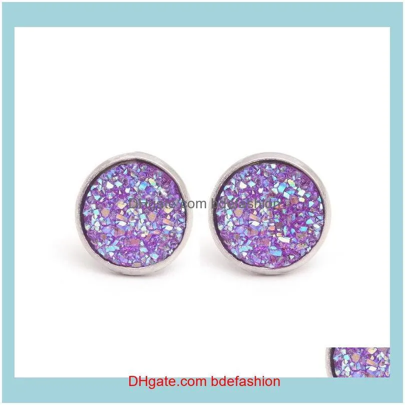 Fashion Drusy Druzy Earrings Silver Plated Popular Round Resin Gemstone Stone Stud Earrings for Women Lady Jewelry