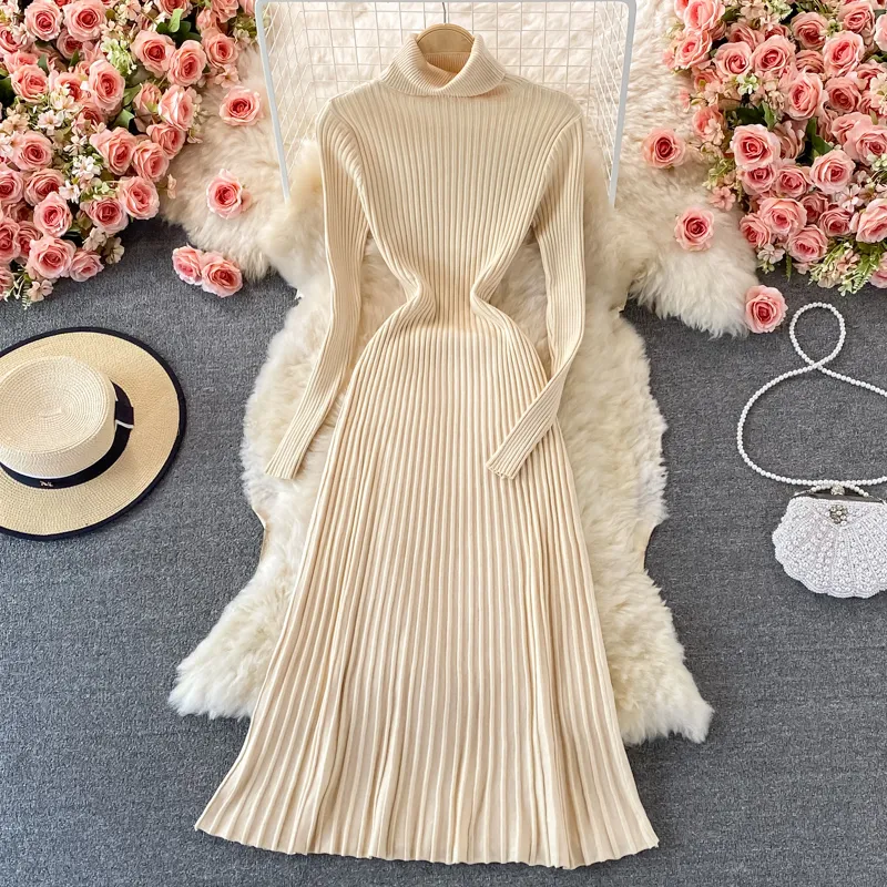 Autumn winter new design women's turtleneck long sleeve knitted pleated high waist maxi long sweater dress solid color
