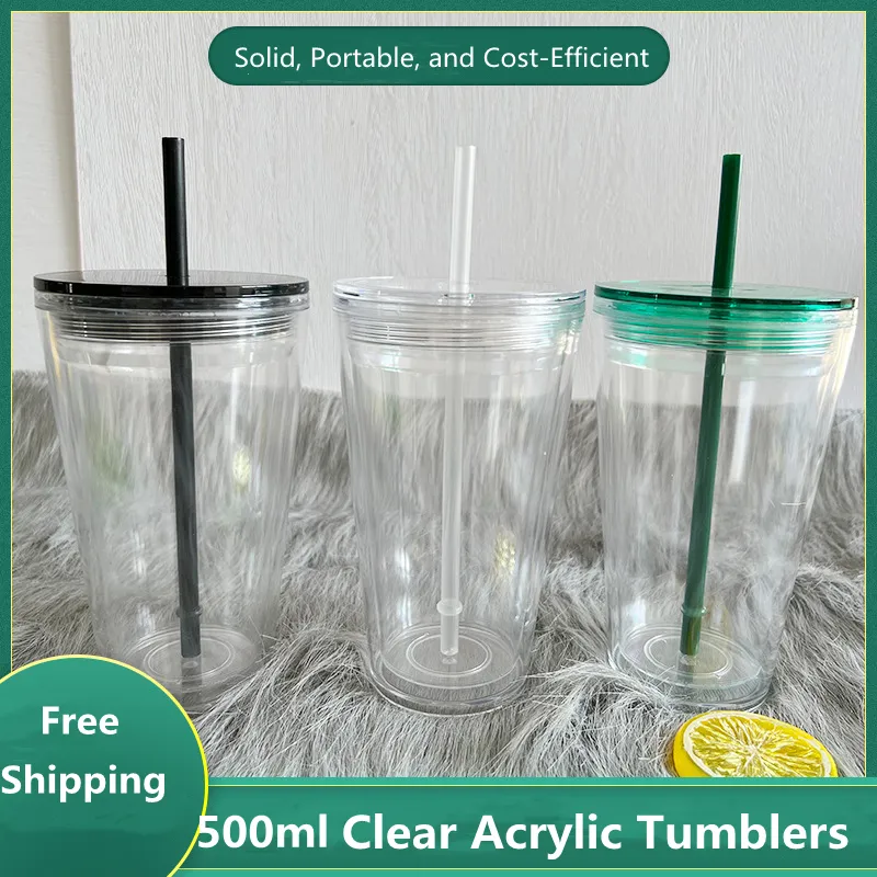 Rensa 500 ml plast platta lock Tumblers DIY akrylvattenflaskor med halm dubbelväggiga kontor kaffemuggar återanvändbara bärbara 16oz 17 oz transparent PS drickskoppar