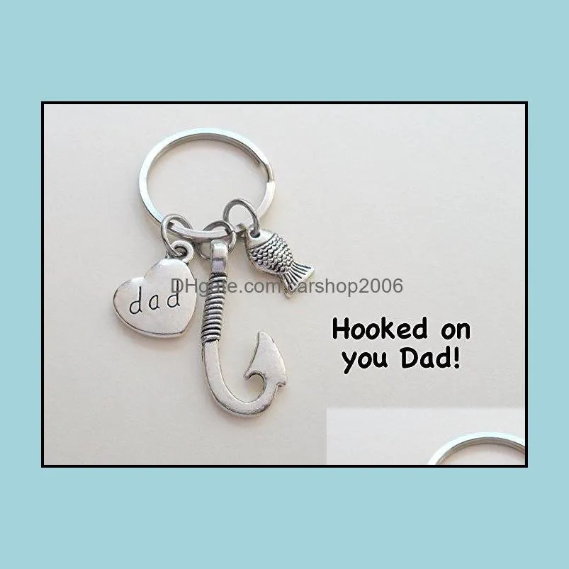 Fish Hooks Keychain Metal Silver color Dad Key chain Keyring for father daddy Fashion Jewelry Father`s Day gift VT0119