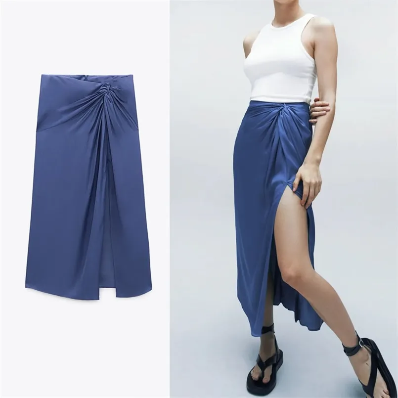 Za Satin Knotted Blue Skirt Women High Waist Front Slit Vintage Midi s Woman Fashion Back Hidden Zip Pleated 210708