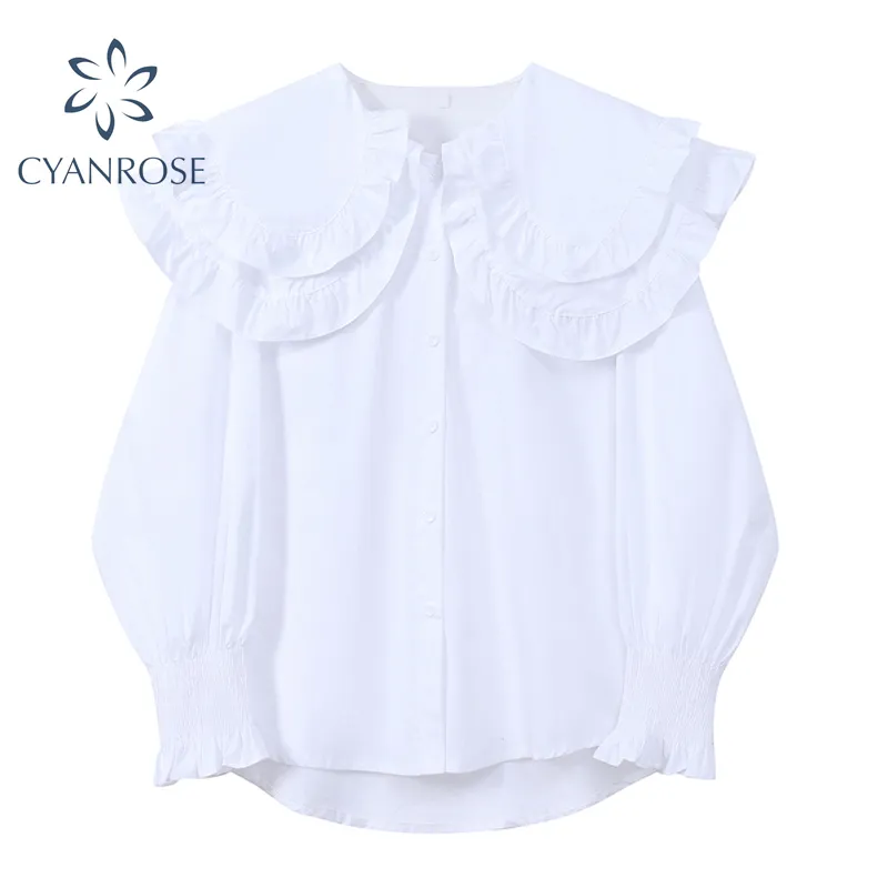 Blusa branca de cardigã feminina ou tops grande camada dupla peter paninho camisas de colarinho retro manga comprida doce estilo formal blusas 210417
