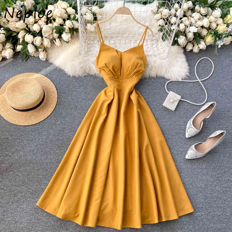 Neploe Sexy Sleeveless Camis Dress Women High Waist Hip A Line Slim Long Vestidos Mujer V Neck Solid Summer Holiday Dresses 210422