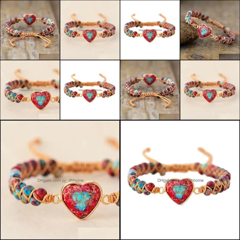 Beaded, Strands Natural Stone Heart Charm Bracelets String Braided Macrame Friendship Wrap Bracelet Women Jewelry