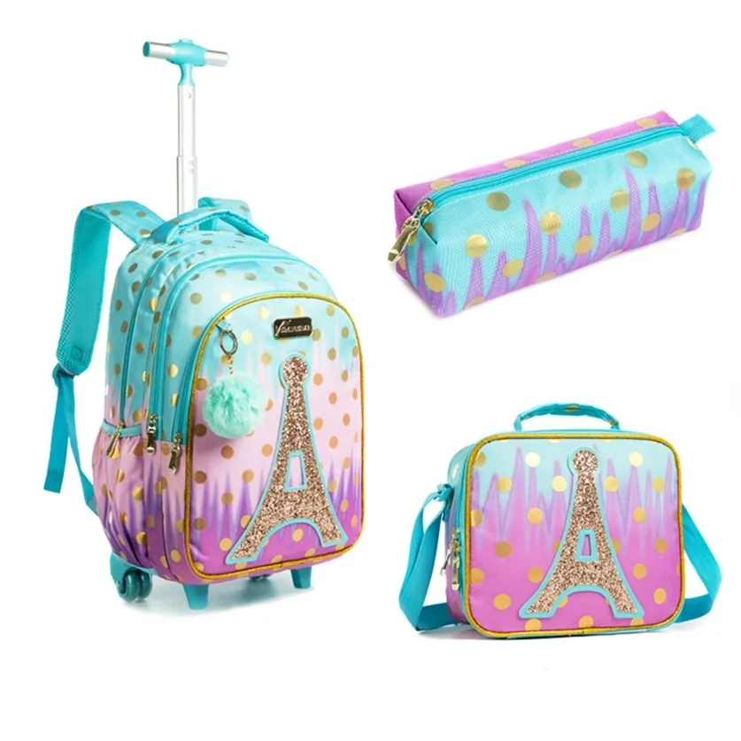 3 IN 1 School Children's Backpack with Wheels Kids Wheeled Bag Teenagers Girls Canvas Travel Trolley Bags 220210