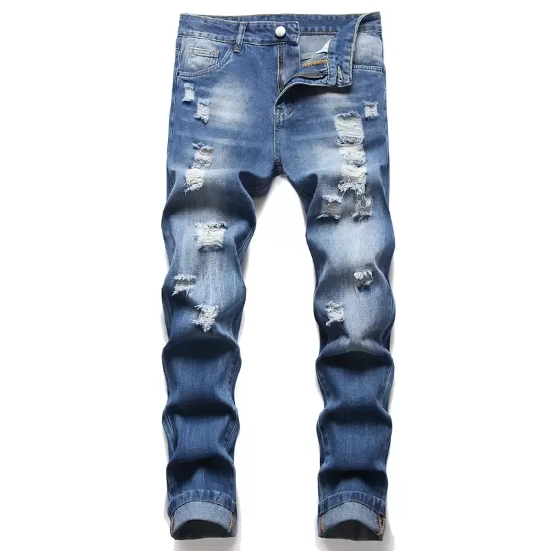 Jeans slim fit a gamba dritta da uomo Fashion Hole Biker Pantaloni casual in denim Pantaloni da moto hip-hop di grandi dimensioni per uomo