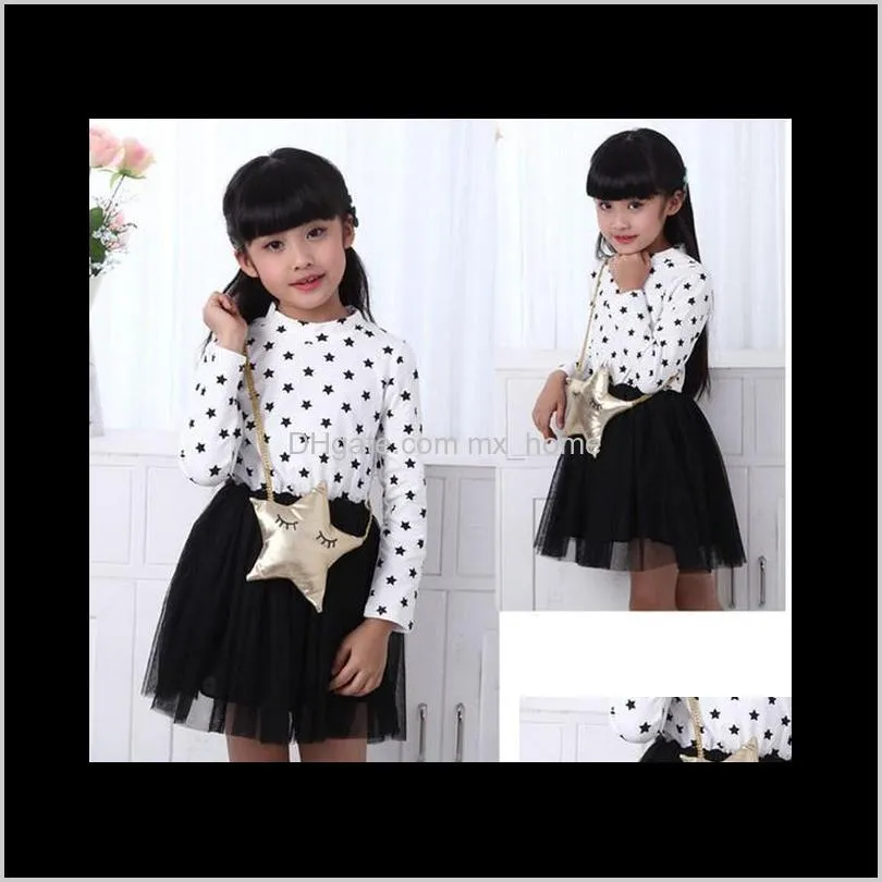 2018 children girls dress korean pure cotton star bag gauze fashion princess dresses kids white black 100-140 3-8age child clothing