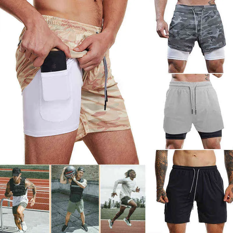 Pantaloncini da corsa da uomo 2 in 1 Palestra Allenamento Quick Dry Pantaloncini da uomo con tasca per telefono Pantaloni da jogging sportivi da jogging con fodera Y220305