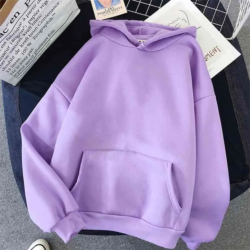 Твердые негабаритные капюшоны одежда полиэфирные блузки дна с длинным рукавом топы свободные карманные толстовки девушка повседневная пуловер 210910