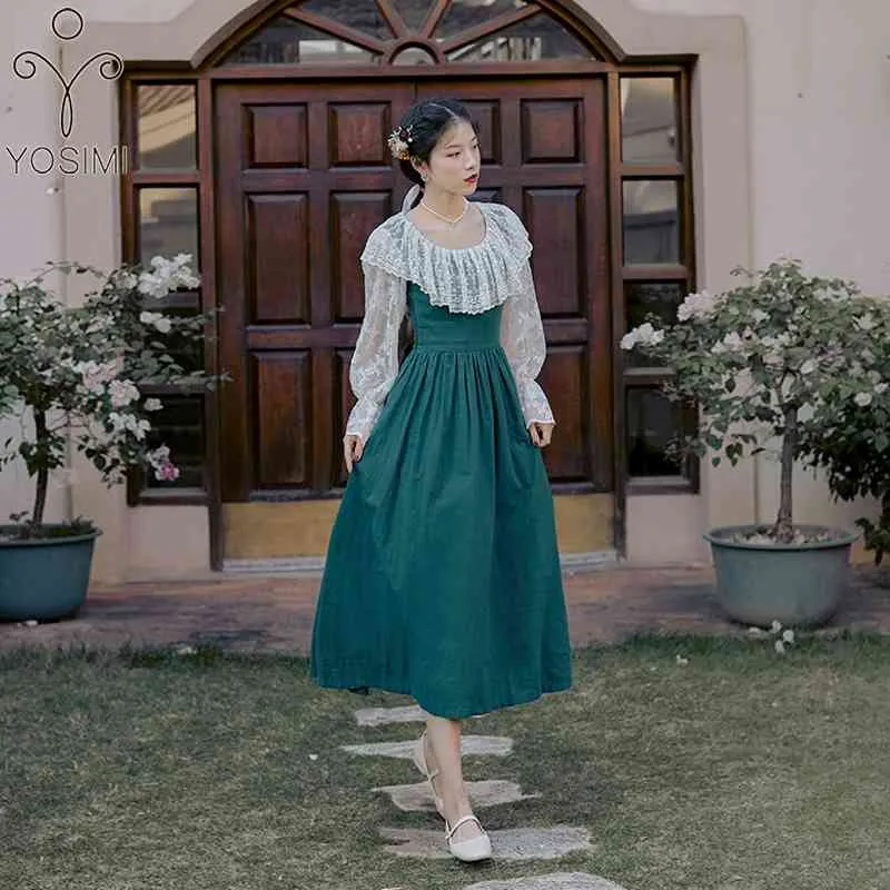 YOSIMI Prairie Chic Cotton Women Dress Spring Lace Embroidery O-neck Full Sleeve Mid-calf Fit and Flare Green Long Dresses 210604