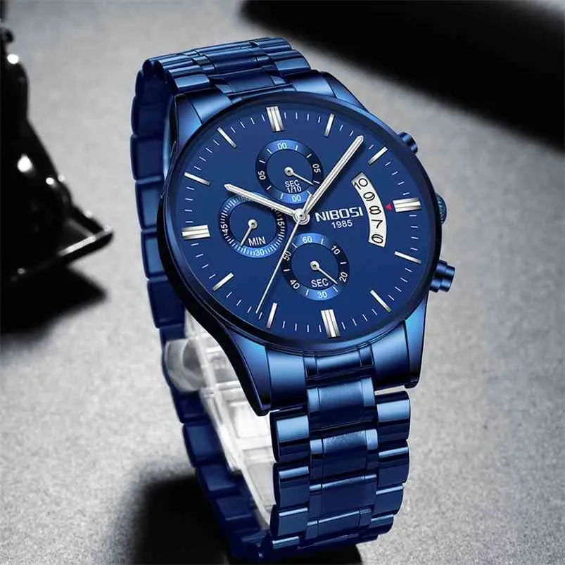 Nibosi Mens Klockor Top Märke Luxury Men Blue Watch Militär Sport Armbandsur Quartz Watch Erekek Saat Relogio Masculino 210804