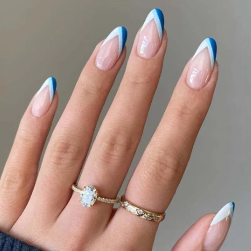 Falsos unhas de imprensa francesa em dicas falsas de amêndoa média capa completa acrílico para mulheres e meninas24pcs