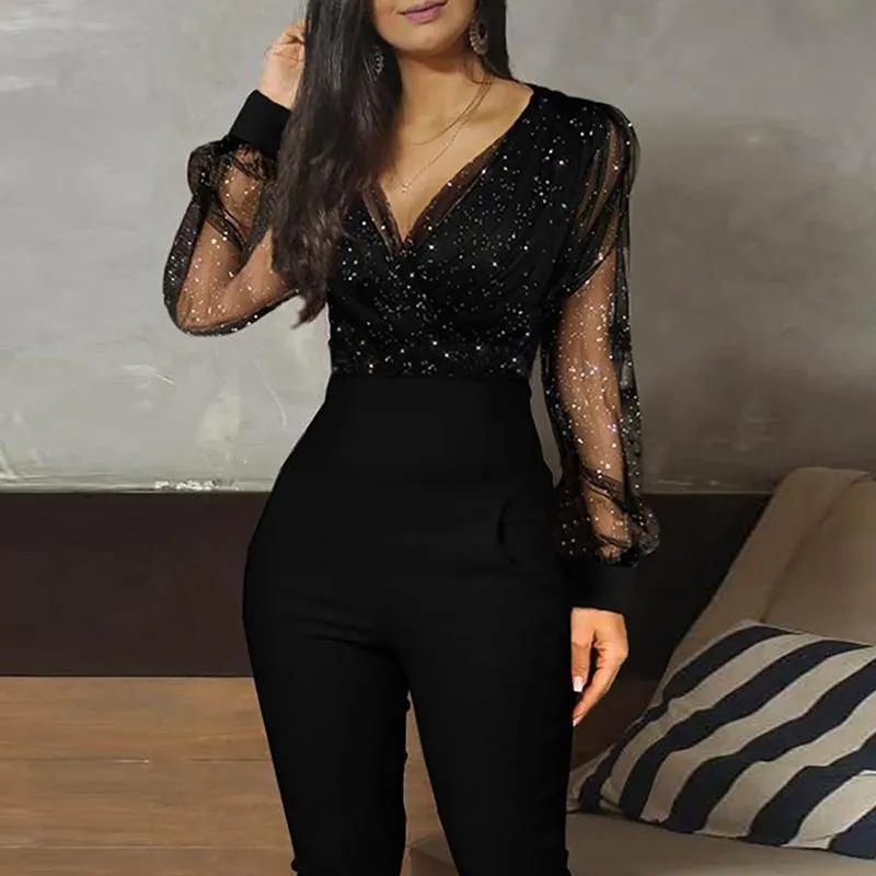 Dames Jumpsuits Rompertjes Jumpsuit Vrouwen Body Sexy Jump Suits Voor Plus Size Avond Elegante Zwarte Lange Mouw Clothes295Y