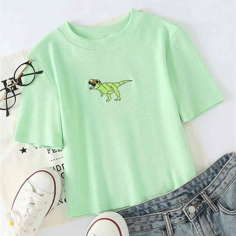Kvinnor Cartoon Print Green Short Sleeve Tee Toppar Kvinna Mode Broderi Dinosaur T-shirt Femme 210421