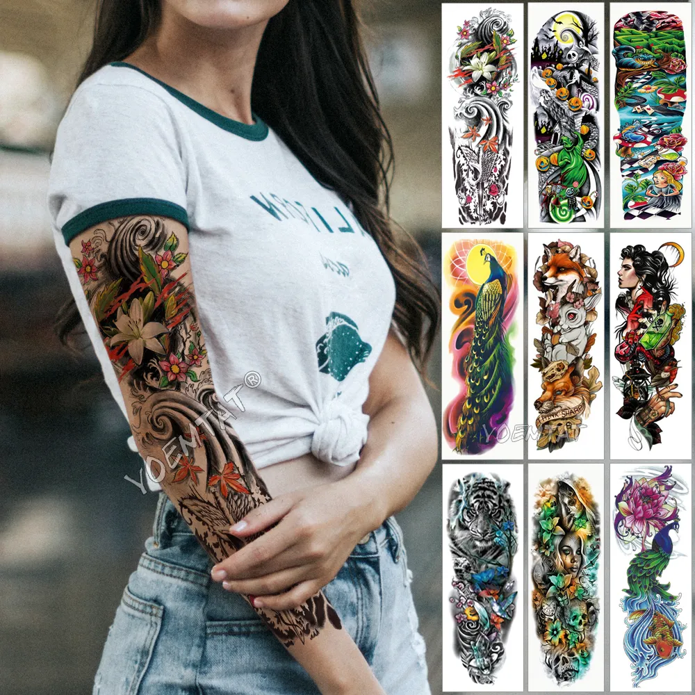 Large Arm Sleeve Tattoo Japanese Wave Waterproof Temporary Tattoo Sticker Men Full Tiger Fox Tatoo Body Art Women