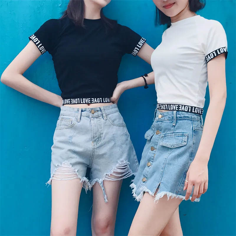 Ny kvinnors modedesign Summer Short Sleeve O-Neck Letter Print Bandage Patchwork Crop Top T-shirt Hög midja Up-navel Tees SML