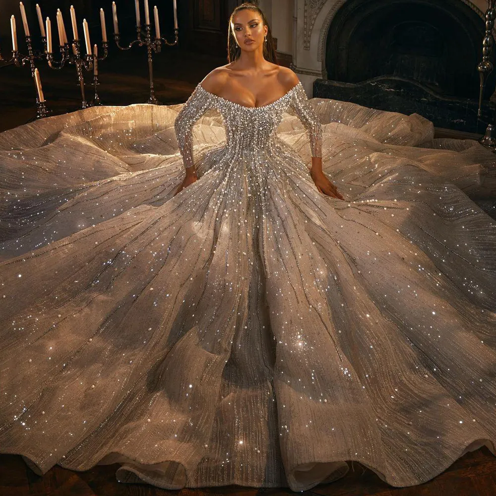dark champagne wedding dress Champagne Tulle A Line Wedding Dresses Sheer Neck Elegant Bridal Gowns –  TANYA BRIDAL main image 0