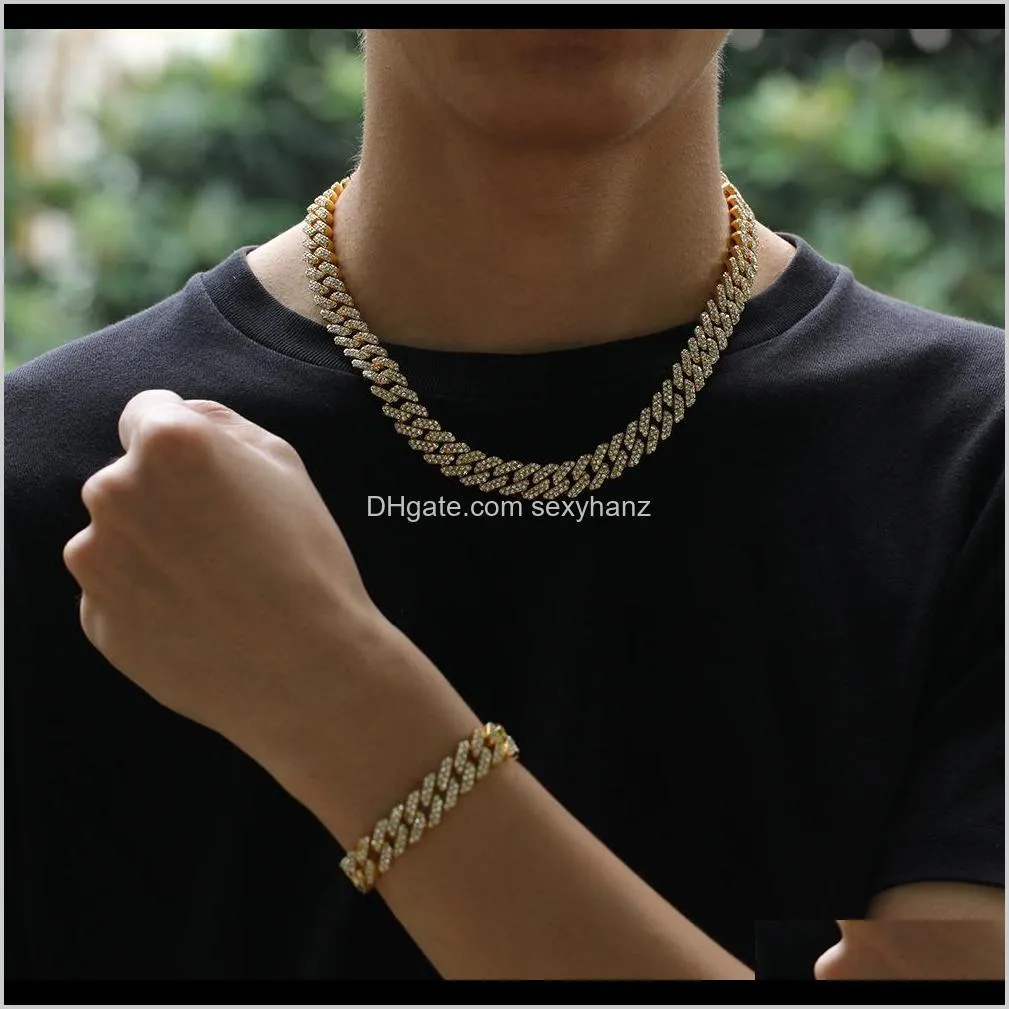 12mm  cuban link chain necklace bracelets set for mens hip hop bling iced out diamond gold silver chains