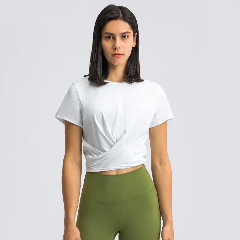 Cross Lu Lu Hem Back Swallow Tail Tops Bandage Sports T-shirt för kvinnor som kör fitness Gymkläder Övning Fashion Crop Shirt