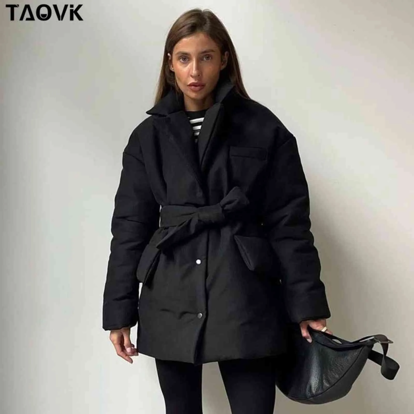 TAOVK Parka corto invernale da donna caldo piumino in cotone femminile casual capispalla allentato cintura cappotto imbottito in cotone 211130
