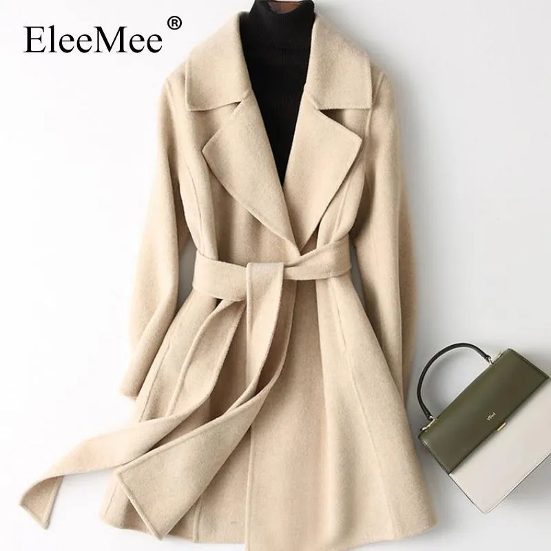 Women's Wool & Blends EleeMee 2022 Classic Coat Women Cashmere Woolen Jacket Vintage With Belt Fashion Outerwear Female Winter Coats Size Xs