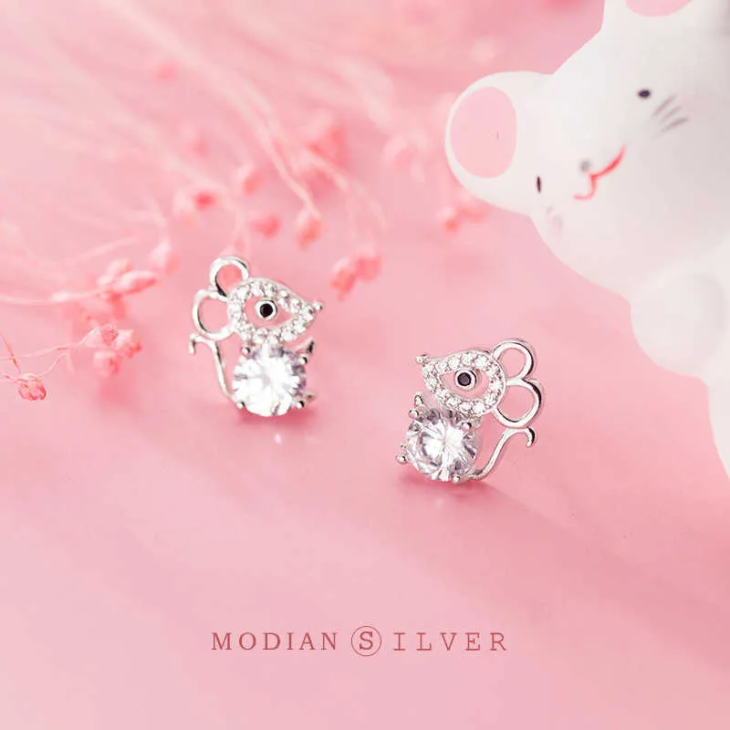 Real 925 Sterling Silver Cubic Cyrkon Cute Mouse Stud Kolczyki dla kobiet Moda Zwierząt Ear Pin Fine Jewelry 210707