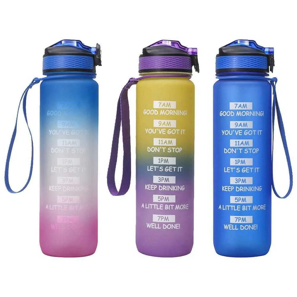 1000ml Sports Water Bottle Portable Fitness Water Mug with Stra Outdoor Travel Leakproof Drinkware Plastic Bottle with Time Stam Y0915