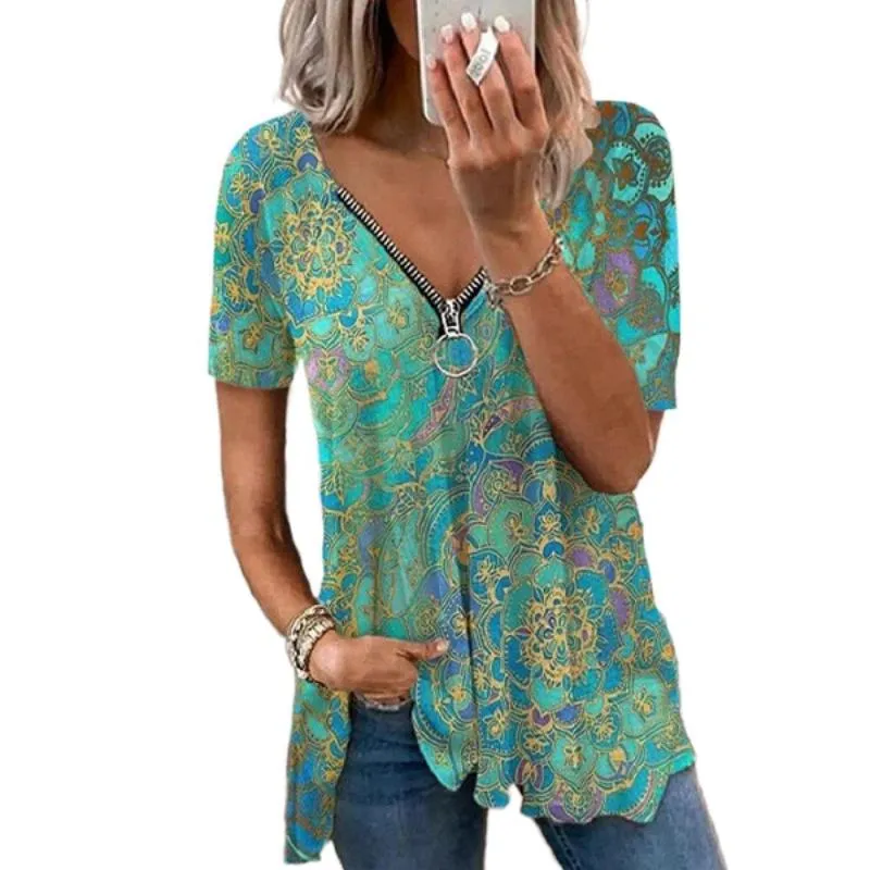 T-Shirt Femme Fermeture Éclair Imprimé Manches Courtes Col V Long Pull Lâche Été Décontracté Léopard Floral Tops