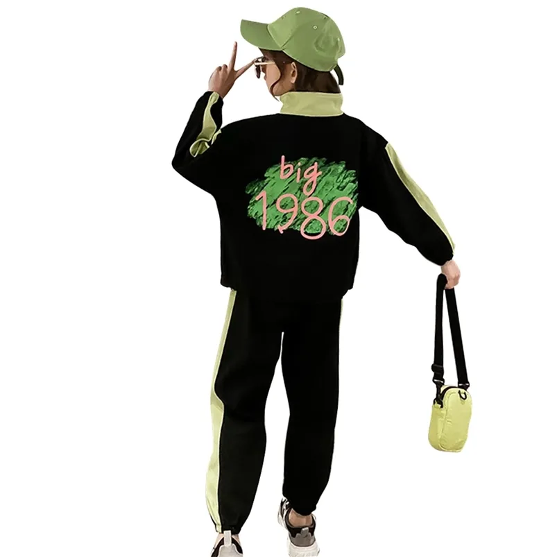 Kids Sport Clothes Jacket + Calças Terno para Meninas Padrão de Carta Primavera Outono Crianças 210527