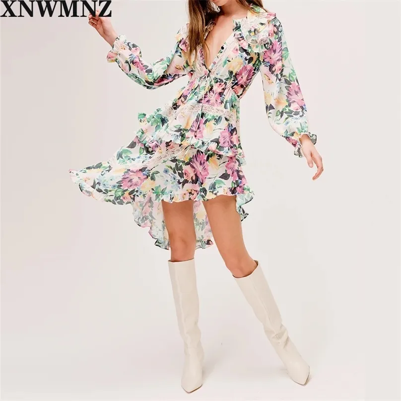 Vrouwen chique mode met kant floral print asymmetrische mini jurk vintage lange mouw trekkoord vrouwelijke jurken 210520