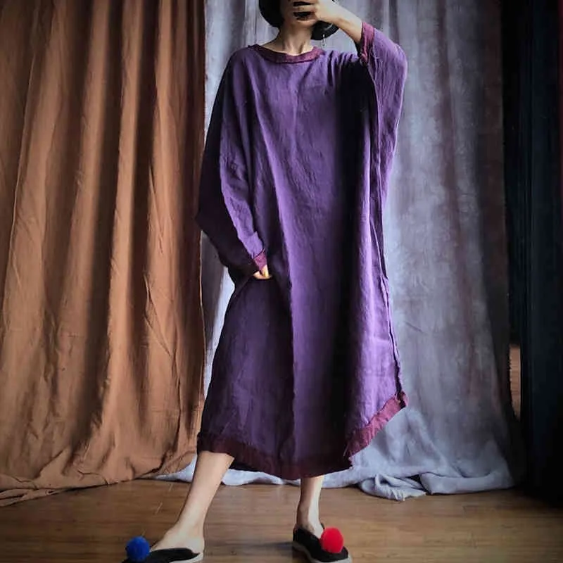 Johnature Autumn Purple Loose Batwing Sleeve Dress Linen Casual Vintage Women Retro O-neck Plus Size Dress 210521