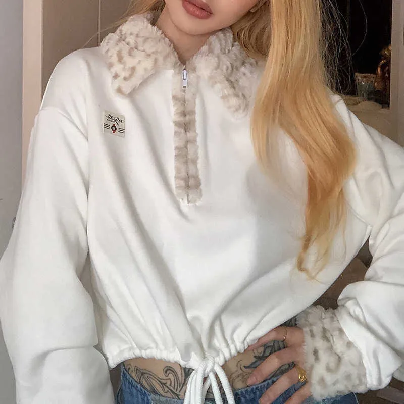 Léopard imprimé polaire collier crop top femmes automne manches longues blanc cordon sweat-shirt femme taille mince fermeture éclair chaud pull 210709