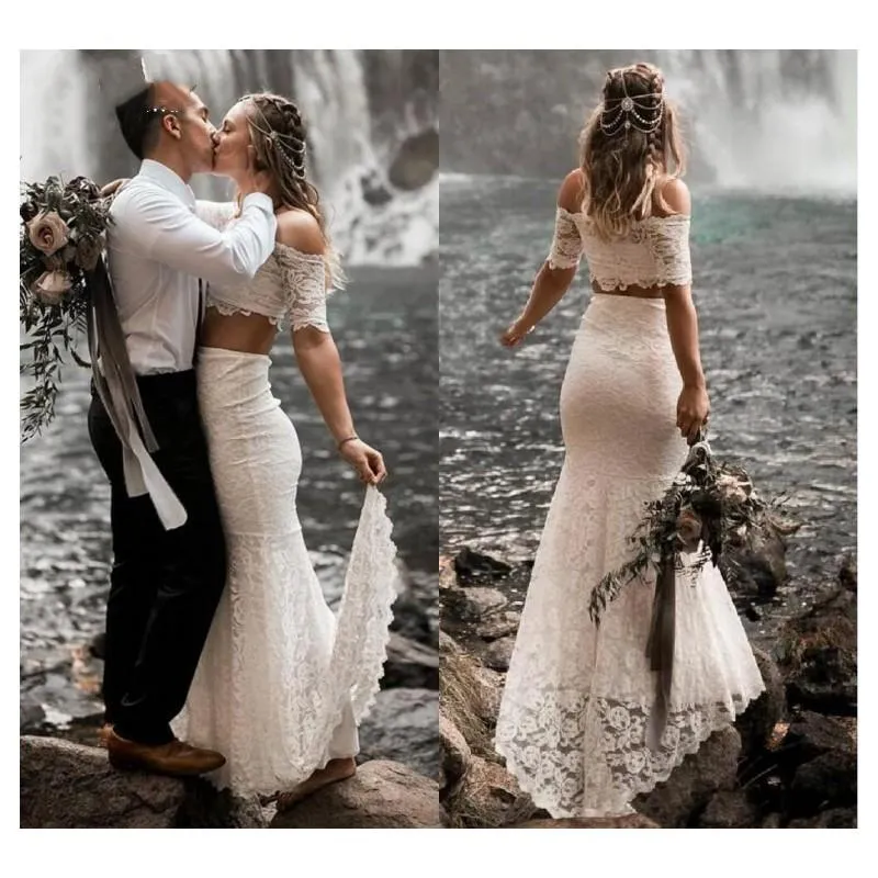 Two Piece Boho Bohemian Full Lace Mermaid Wedding Dress Bridal Gowns Off Shoulder Half Sleeve Floor Length Beach Formal Dresses Custom Made Vestido De Noiva