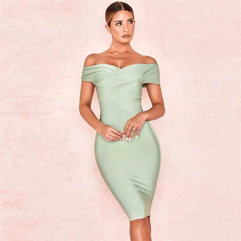 Женские платья сексуальная осень зима MIDI Bodycon повязка зеленый элегантный клуб женская вечеринка ночная одежда 210515