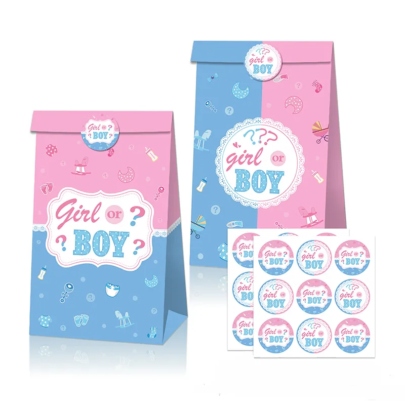 Crafts Girls or Boys Baby shower Party Decoration Cute Cartoon Print Candy Gift Paper Bags Set with sSticker Kraft Flodable