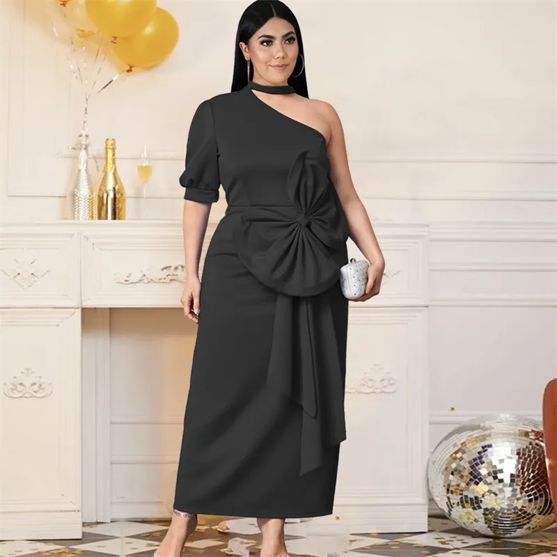 Abiti sexy monospalla Plus Size 4XL Manica corta Lunghezza midi Bodycon Donna Eveing Abiti da festa di compleanno con papillon 210527