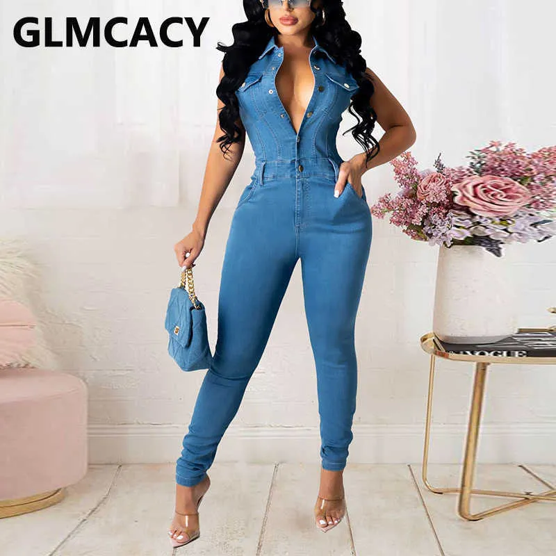 Mouwloze Button Down Skinny Denim Jumpsuit Zomer Chic Jeans Streetwear Overalls 210702