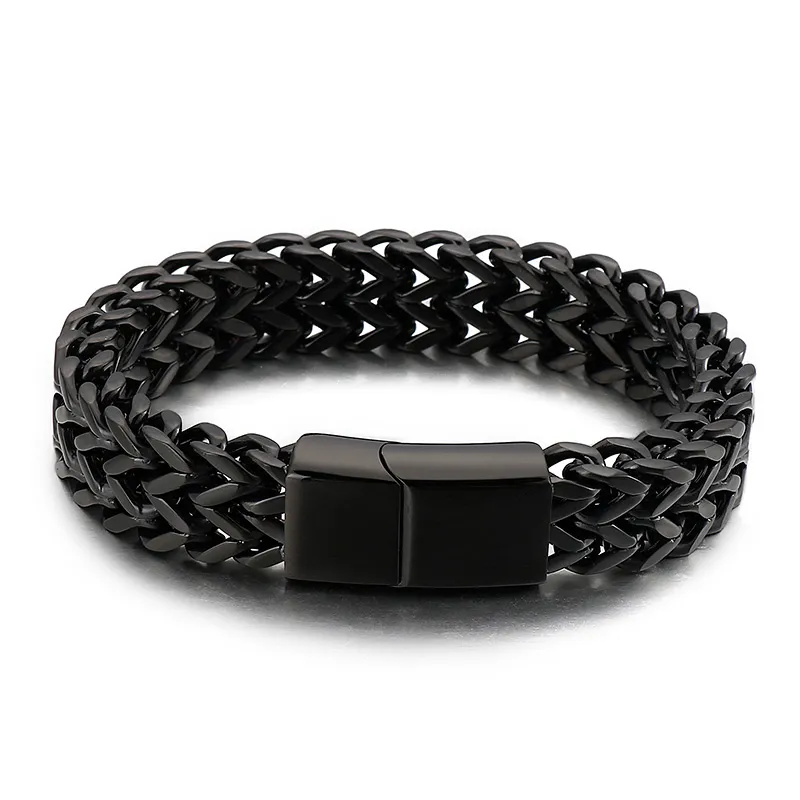 12MM 7.87 POUCES Noir Acier Inoxydable Blé Chaîne Figaro Lien Bracelet Bracelet pour Hommes