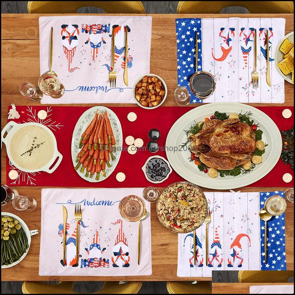 Gnome Placemats Cloth Kitchen Dining Pads Independence Day USA Flag Star Plaid Table Mat Party Decorations KDJK2105